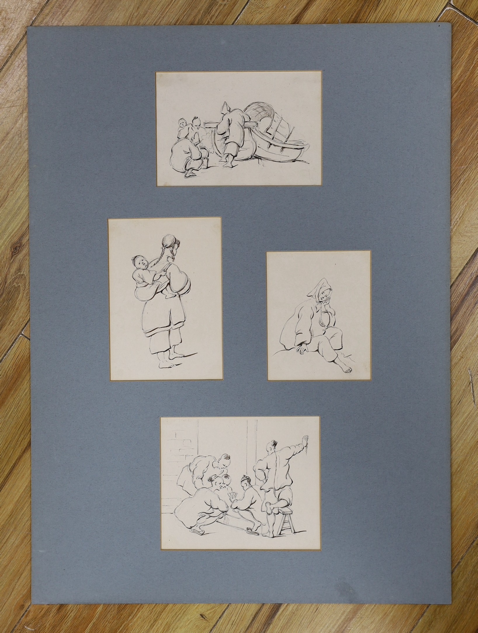 Manner of George Chinnery, pen and ink, Four studies of Chinese figures, largest 13 x 16cm, unframed